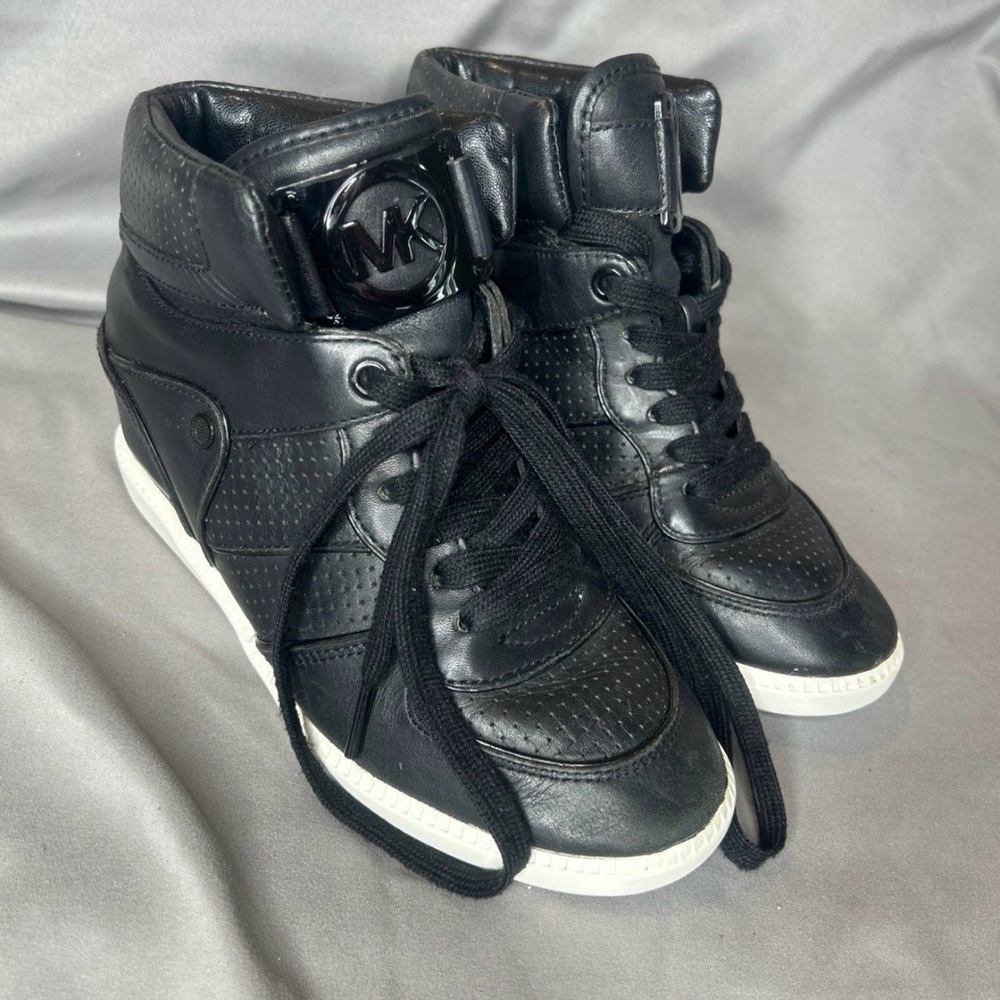 Michael Kors Wedge Mid Height Black Leather Sneakers Women’s Size 6.5